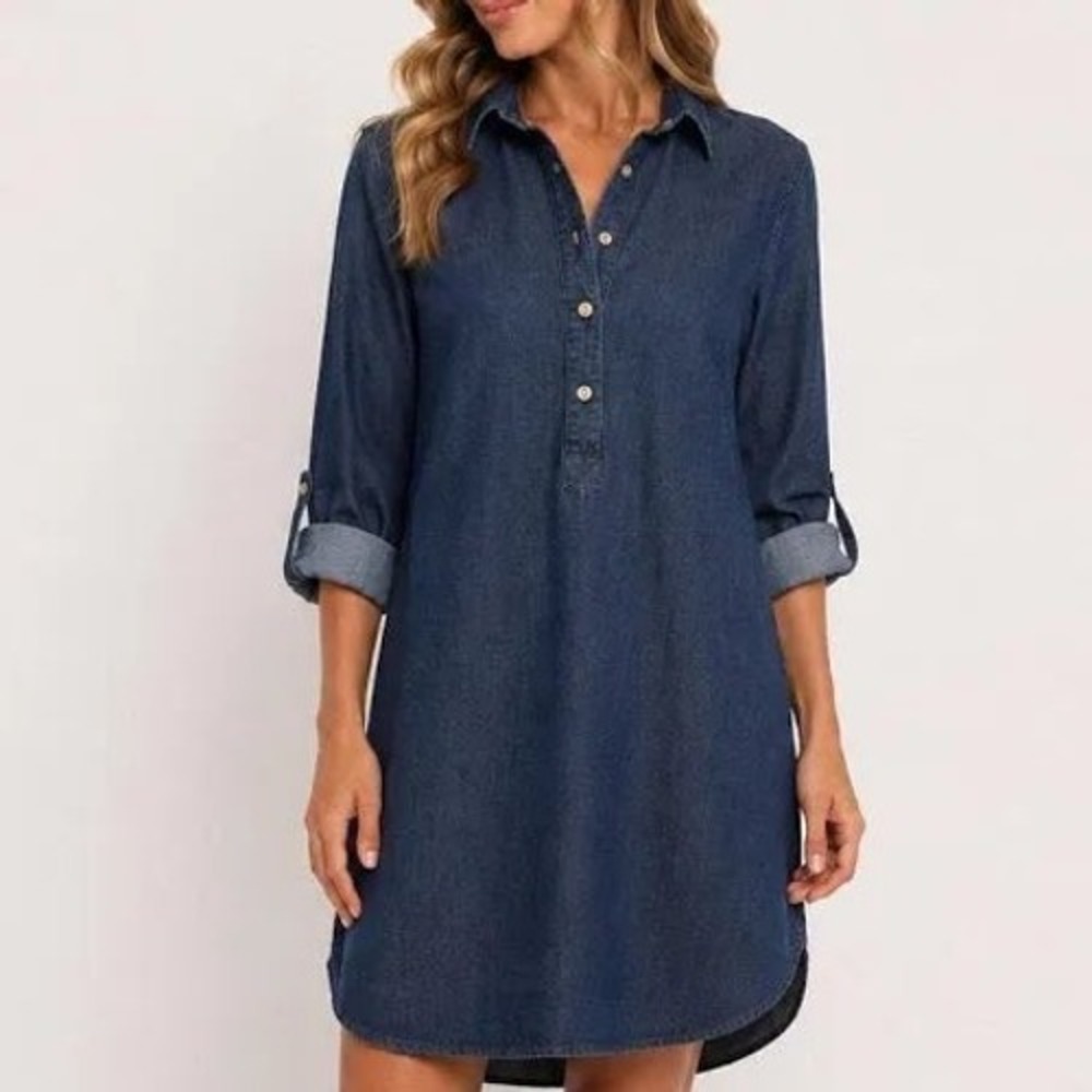 Tommy Hilfiger Denim Shirt Dress Dark Wash Speckled Long Sleeve Womens Medium